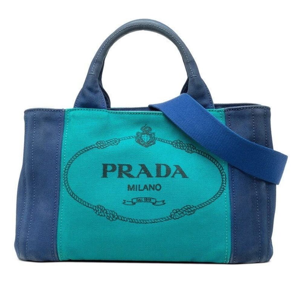 Prada Canvas Triangle Logo Plate Canapa Mini Handbag Blue